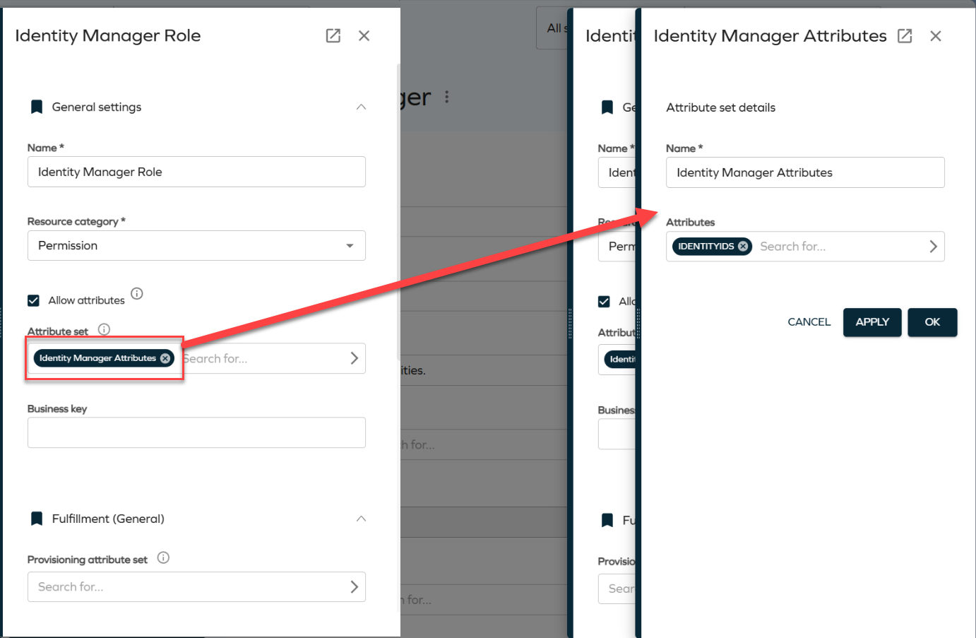 Identity Manager attributes side panel.